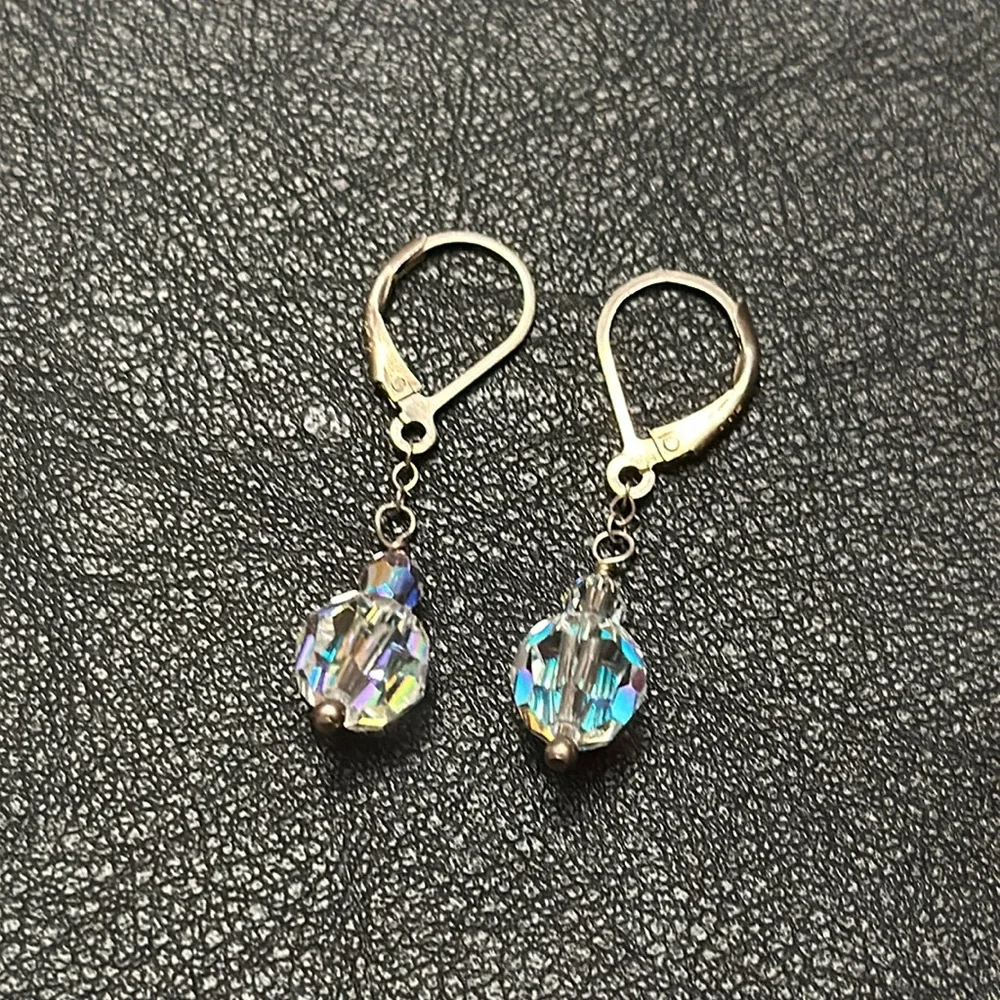 925 Silver Wire Hook Lever Back AB Clear Crystal Dangle Vintage Earrings